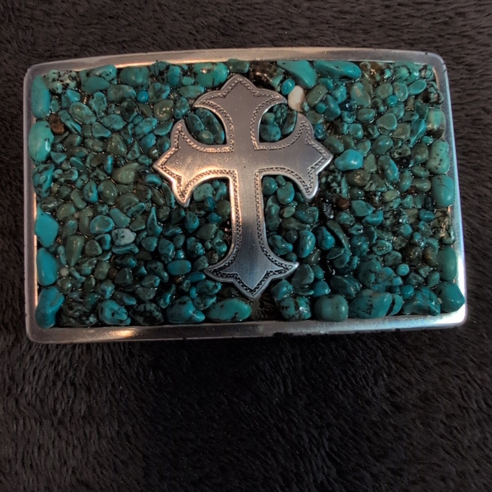 Nocona Western Belt Buckle Turquoise Stone Cross Silver Tone Rectangle Womens